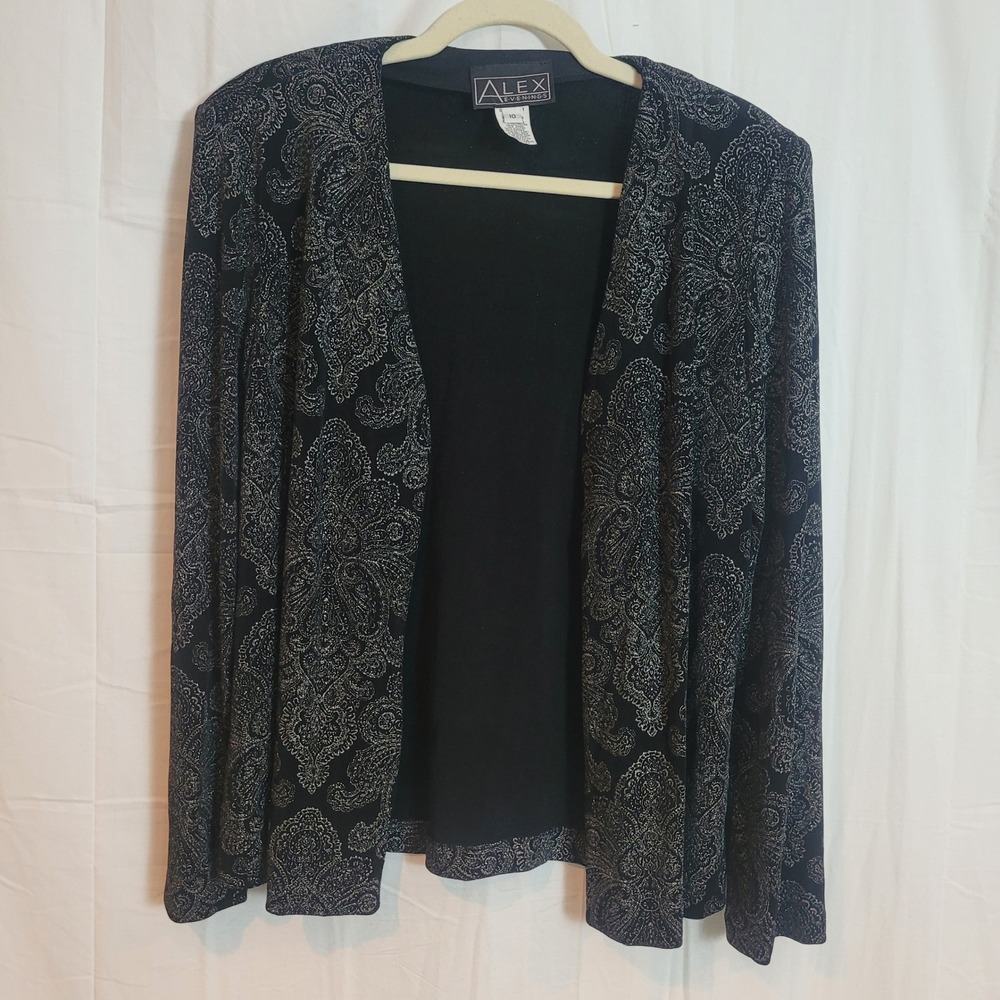 Alex Evenings Womens 10 Black Silver Glitter Paisley Open Front Cardigan Jacket